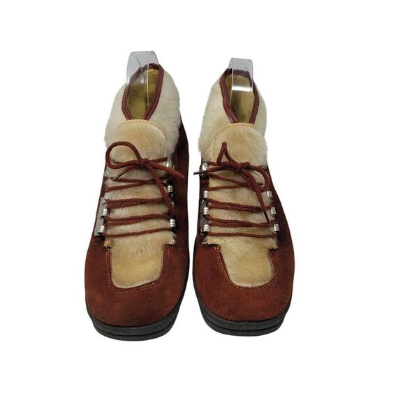 Vtg Italian Snow Boots Rust Suede Cream Faux Fur Lace-Up‎ Ankle Booties US Sz 6 - Picture 2 of 13
